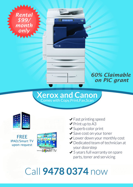 Promotion for photocopier machine for rental, leasing, short term event, purchase